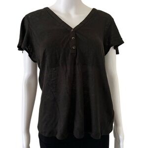 H&M Black V Neck Linen Henley Butterfly Sleeve Top Shirt Blouse Small